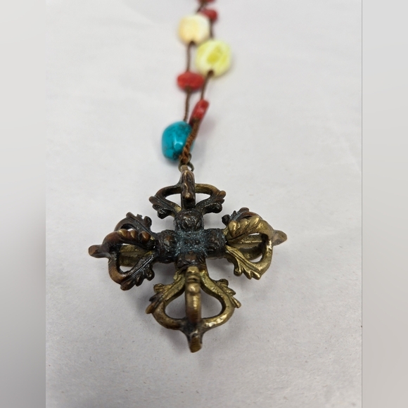 Vintage Turquoise,lemon Jasper & Red Quartz Bronze Pendant Necklace Hand Knotted - Picture 7 of 11
